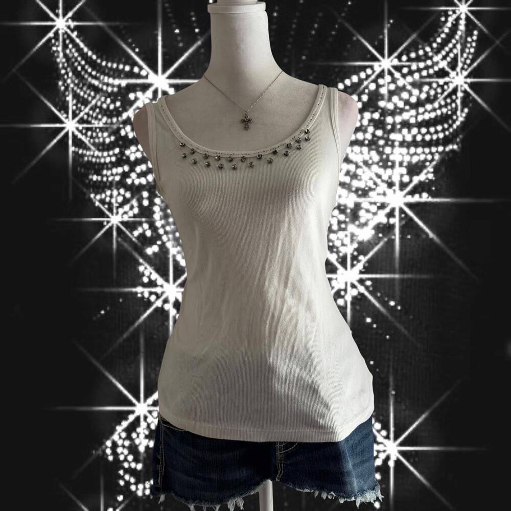bedazzled neck ribbed ivory white sleeveless glam tank top